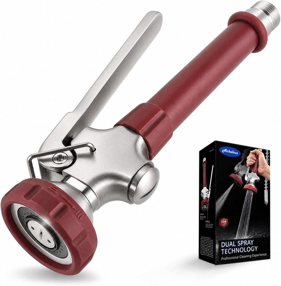 Achelous CFPJ-01-R commercial pre-rinse spray head, stainless steel body with red grip, with retail packaging